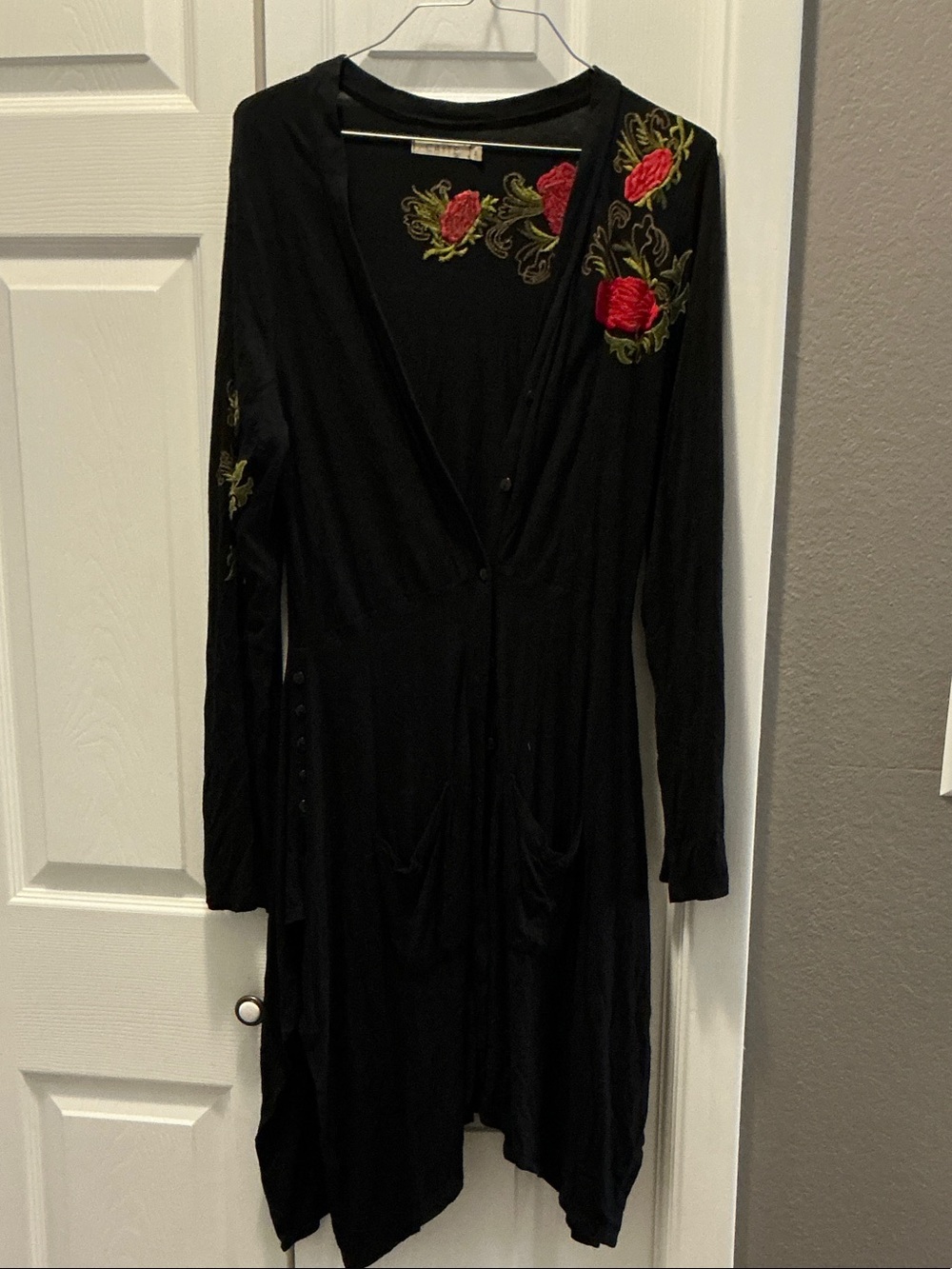 Black Longline Cardigan with Red Rose Embroidery